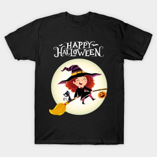 Happy Halloween with cute little girl witch and cat T-Shirt